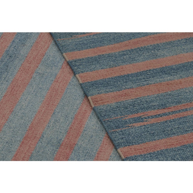 Blue Vintage Dhurrie Rug in Blue With Salmon-Pink Stripes - Rug & Kilim For Sale - Image 8 of 8