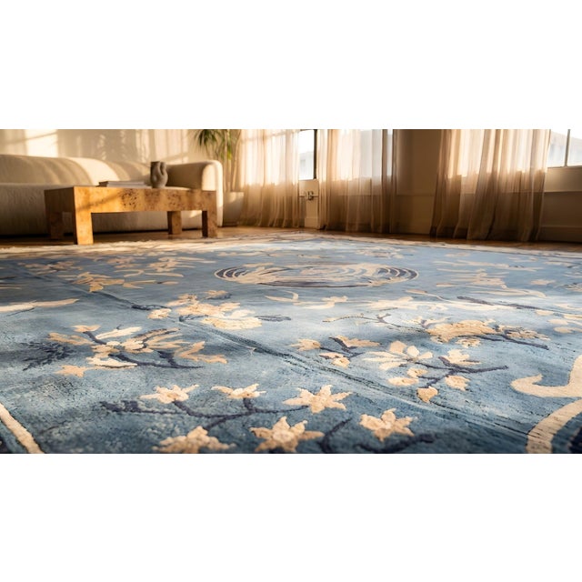 Textile 1930s Blue Floral Medallion Antique Chinese Peking Rug 15' 6" X 18' 3" Hand Knotted Wool Carpet For Sale - Image 7 of 9