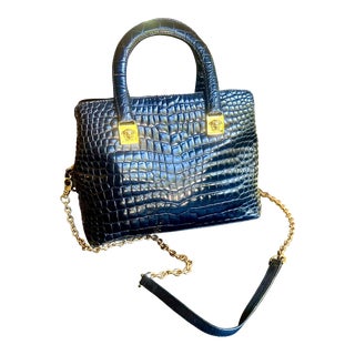 1990s Gianni Versace Couture Crocodile Embossed Patent Leather Top Handle or Cross Body Bag For Sale