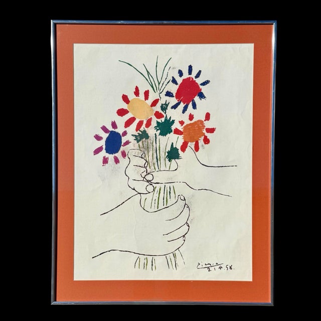 This large vintage framed print features Pablo Picasso’s Bouquet of Peace, originally created in 1958 for a peace...