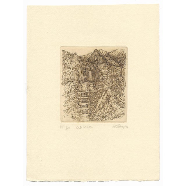 Etching by Colorado artist Marsha Howe, "Old Mine" pencil signed, dated 1981 and numbered 149 of 150. Sheet size: 10 x...