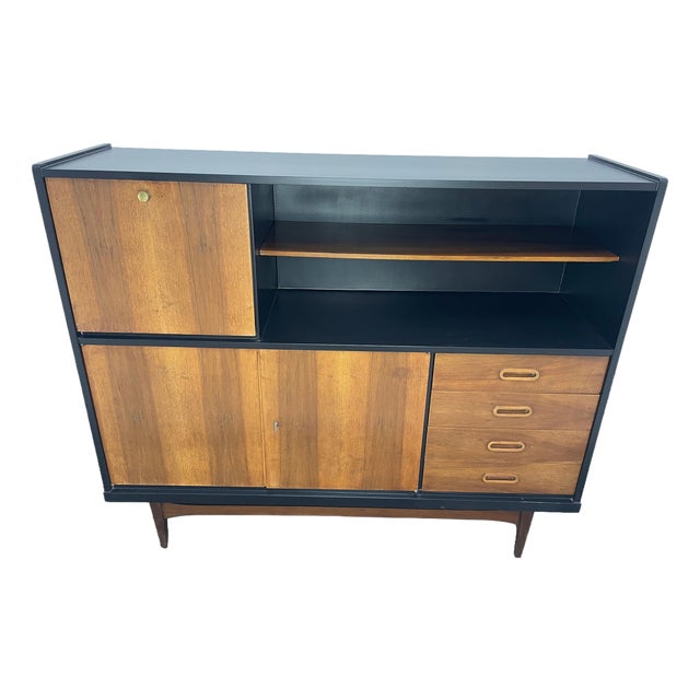 Mid-Century Modern Walnut Storage Cabinet / Credenza With Black Frame, 1950s For Sale