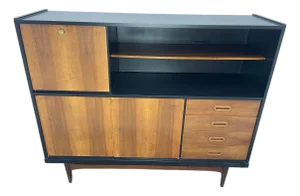 Mid-Century Modern Walnut Storage Cabinet / Credenza With Black Frame, 1950s