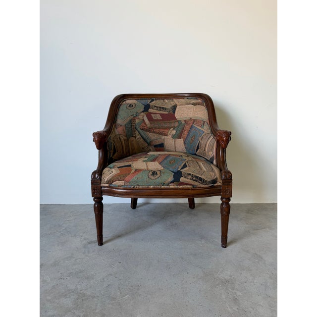 1970s Vintage French Empire Style Carved Ram’s Head Arm Club Chair With Book Motif Upholstery For Sale - Image 5 of 12