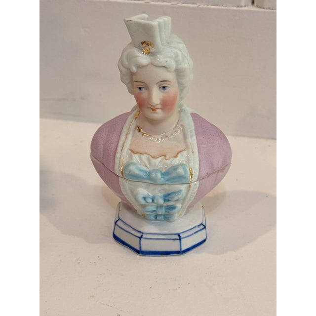 Antique 19th-Century European Hand-Painted Porcelain Lady Bust Figural Trinket Box For Sale - Image 4 of 7