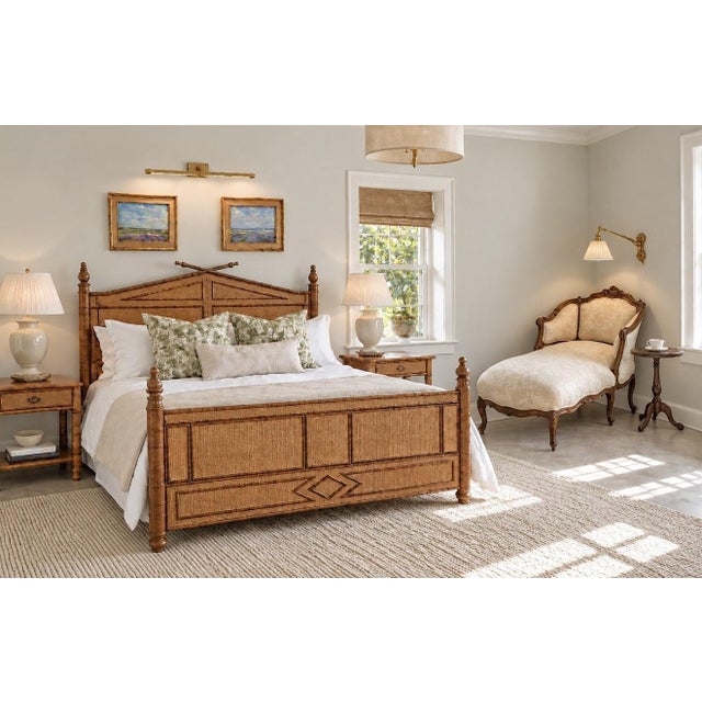 Wood British Colonial Style Faux Bamboo and Rattan Queen Bed in Tortoise Finish For Sale - Image 7 of 16