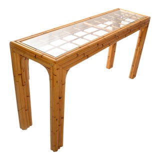 American Mid-Century Modern Bent Bamboo & Rattan Glass Top Console Table For Sale