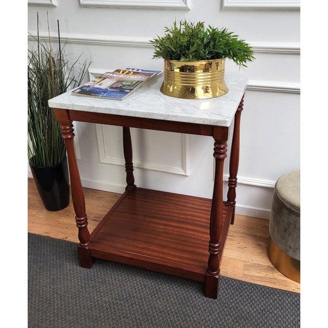 Beautiful and functional Italian high or tall work table on four carved legs with white marble top and bottom shelf. Can...