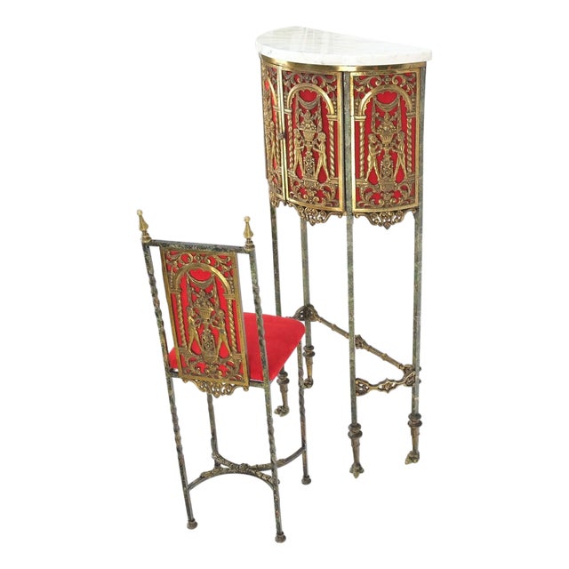 Demi Lune Bronze Ornaments Mount Decorated Petit Console Table w/ Chair Mint For Sale