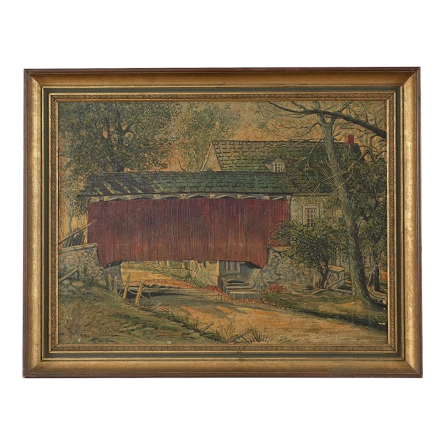 Lancaster Covered Bridge Original Oil Painting 1940'S For Sale
