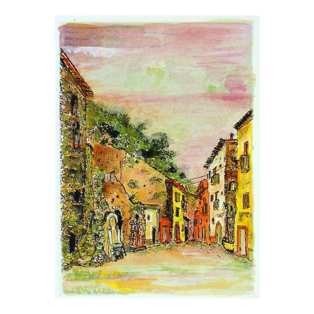 Sunset in the Alleys - Original Etching and Watercolor by G. Omiccioli 1970 ca. For Sale