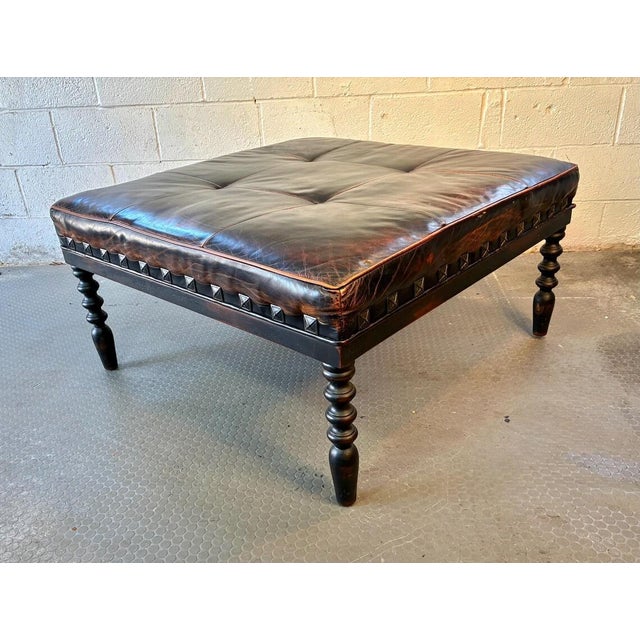 Luxury Large Shabby Chic Leather Ottoman | Vintage Leather Footstool | Nailhead Detail | Turned Spindle Legs | Rich Patina For Sale - Image 10 of 10