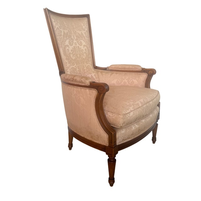 1950s 1950's French Bergere Damask Apricot Lounge Chair For Sale - Image 5 of 9