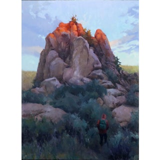 Sage by Judd Mercer | Oil Painting of a hiker near a rocky formation at sunset For Sale
