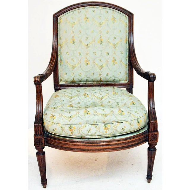 Mid-19thc. French fauteuil open-arm chair, solid walnut with old repairs, worming, channeled and fluted legs- finely...