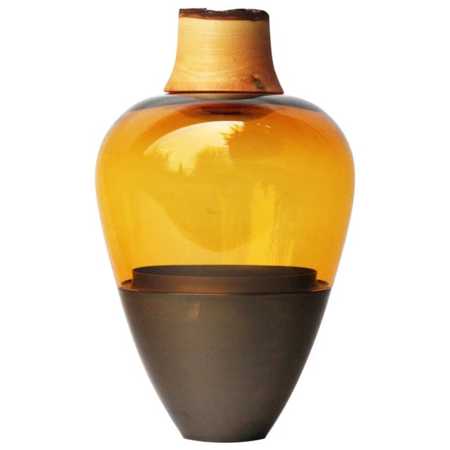Amber and Patinated Brass Sculpted Vase in Blown Glass by Pia Wüstenberg For Sale - Image 4 of 4