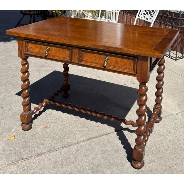 English Baker Furniture English Oak & Burl Wood Barley Twist Writing Desk For Sale - Image 3 of 7