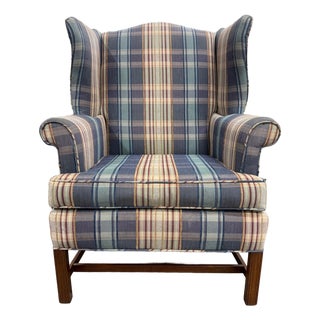 Vintage Wingback Plaid Upholstered Armchair For Sale