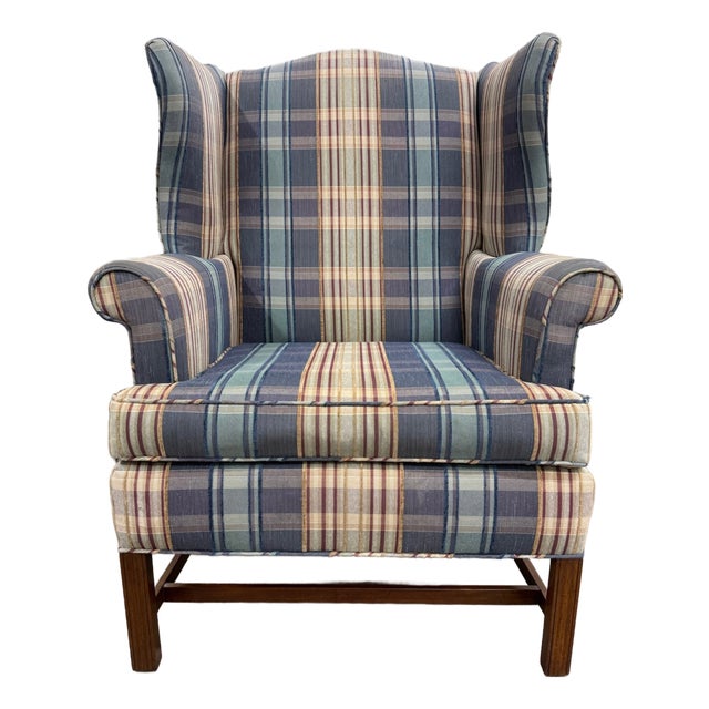 Vintage Wingback Plaid Upholstered Armchair For Sale