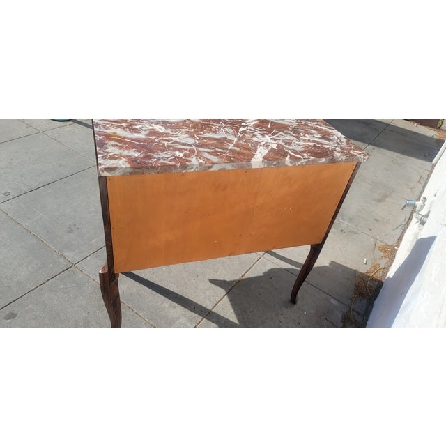 Vintage Inlaid Marquetry French Commode Louis XV Chest of Drawers Marble Top Ormolu For Sale - Image 4 of 8