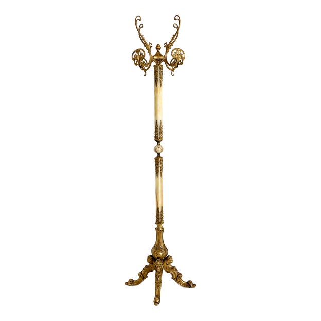 Ornate Italian Brass and Onyx Marble Coat Rack, 1960s For Sale
