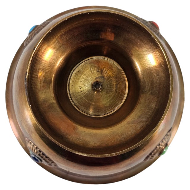 Vintage Tibetan Jeweled Bronze Butter Lamp – Buddhist Temple Offering Vessel For Sale - Image 10 of 10