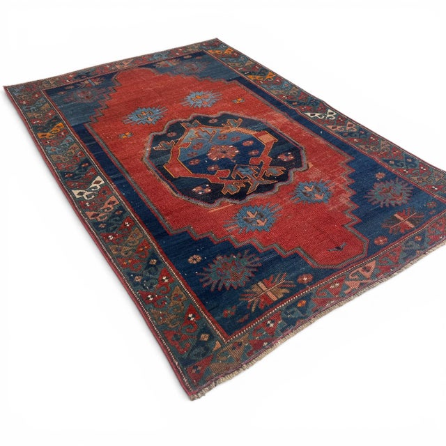 Traditional Antique Kazak Rug | Bold Red Field With Blue Medallion | 4x6 For Sale - Image 3 of 5
