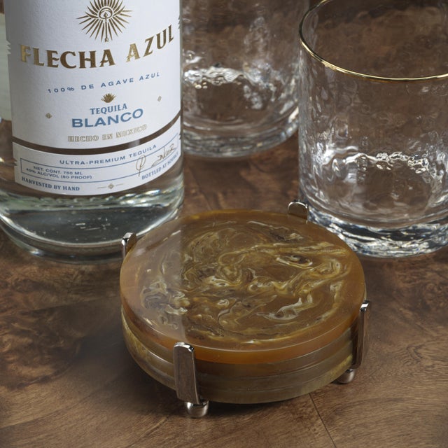 Modern Spiga 4-Piece Set Amber Coasters on Nickel Stand For Sale - Image 3 of 4