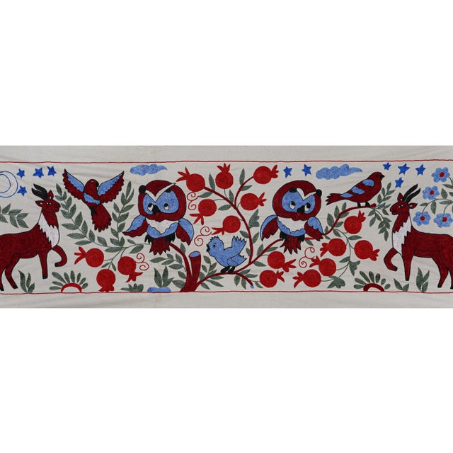 Colorful Suzani Table Runner – Owl, Deer & Floral Embroidery For Sale In New York - Image 6 of 10