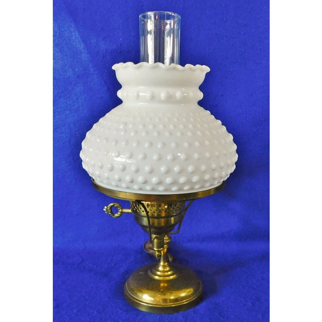 Vintage Mid Century Brass White Hobnail Milk Glass Students Desk Lamp For Sale - Image 4 of 13