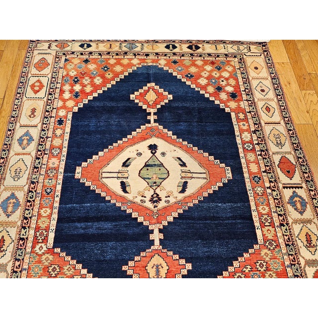 Vintage Turkish Azeri Rug, Hand-Knotted Handspun Wool, Geometric Serapi Pattern, Vegetable Dyes, Navy & Red, 8x11 For Sale - Image 13 of 15