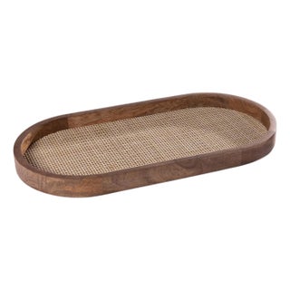 Banyan Mango Wood with Rattan Inlay Oval Tray, Large For Sale