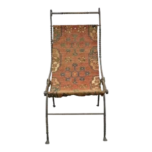 19th Century Renaissance Wrought Iron Curule Savonarola Carpet Sling Side Chair