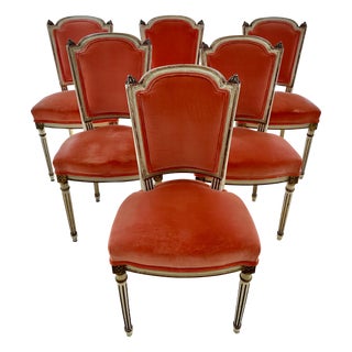 Louis XVI Late 19th Century Coral Velvet Dining Chairs - Set of 6 For Sale