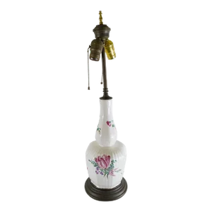 19th Century French or Dutch Delft Faience Floral Double Gourd Table Lamp