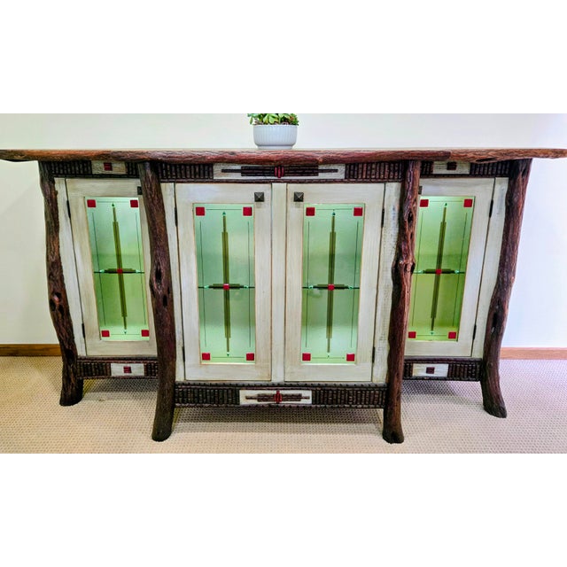 Diane Ross Signed Rustic Breakfront Credenza-Reclaimed Oak & Fused Glass Art For Sale - Image 12 of 18