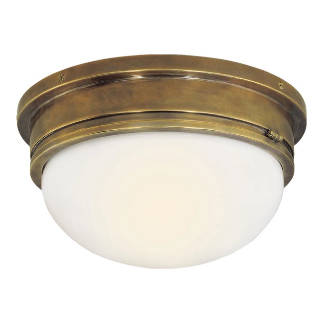 Chapman & Myers for Visual Comfort Signature Marine Large Flush Mount in Hand-Rubbed Antique Brass with White Glass For Sale