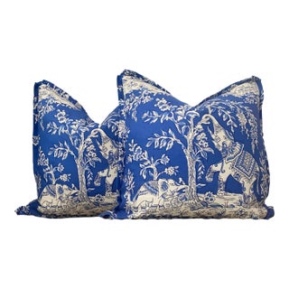 Cobalt Blue & White Linen Back Elephant Toile Down Pillows - a Pair For Sale