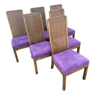Mid Century Modern Cane Back Wooden Purple Dining Chairs For Sale