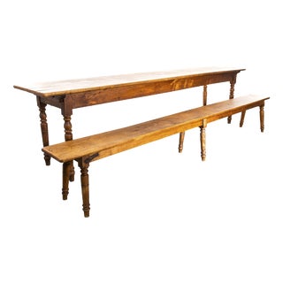 Vintage Long Rectangular Fruitwood Farmhouse Table and Bench, 1940s, Set of 2 For Sale