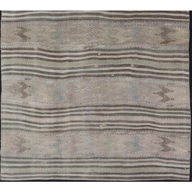 Mid 20th Century Vintage Turkish Flat-Weave Embroideries Kilim in Taupe Lt. Blue Brown Tan For Sale In Atlanta - Image 6 of 11