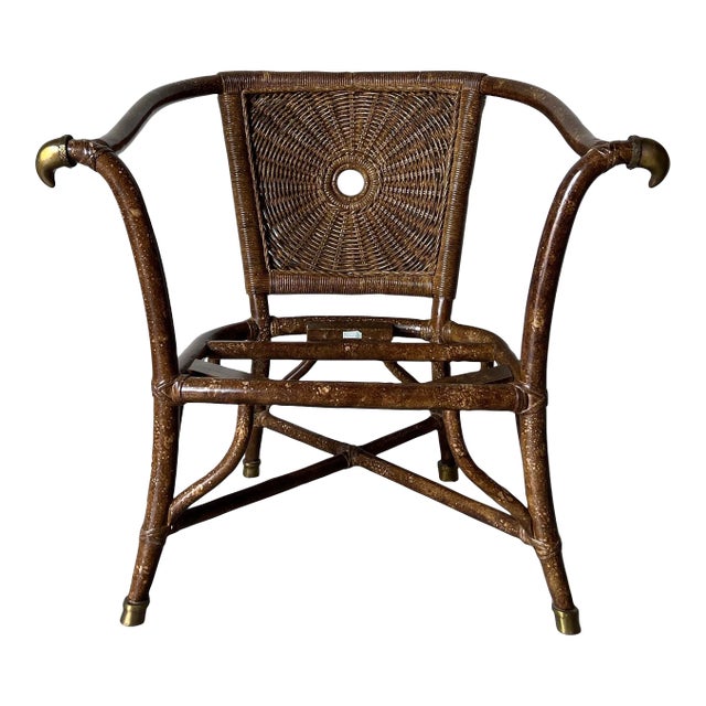 Vintage Organic Faux - Tortoise Shell Finish Rattan and Brass Accent Chair/Sold For Sale