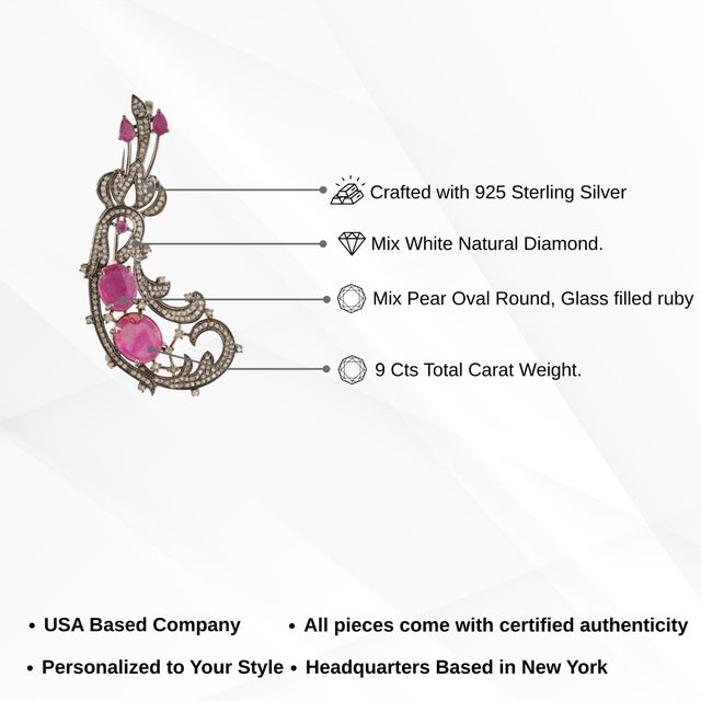 Vintage Inspired 9 Ct Ruby & Diamond Scrollwork Statement Brooch Pendant For Sale - Image 13 of 15