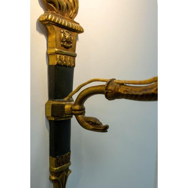 Metal Empire Deep Green Sconces with Torch and Swan, France, 1960s, Set of 2 For Sale - Image 7 of 14
