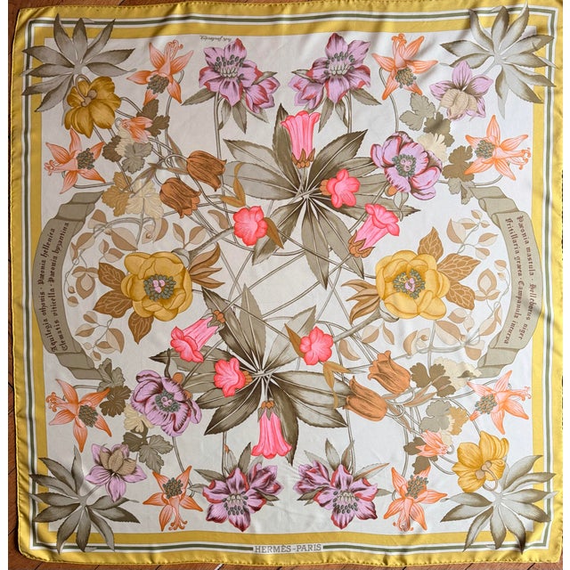 Hermes Fleurs d'Hellade 1992 Silk Scarf This exquisite silk scarf depicts flowers from the Rununculaceae family, both open...