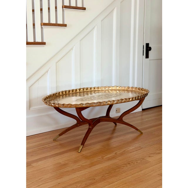 1960s 1960s Mid-Century Etched Brass & Wood Oval Tray Coffee Table For Sale - Image 5 of 10