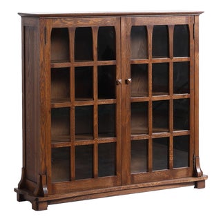 Mission Solid Oak Double Door Bookcase - Walnut For Sale