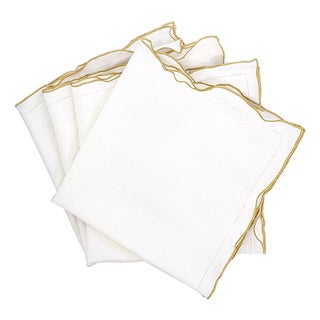 Linen Napkins With Gold Ruffled Hemstitch Edges, Set of 4 For Sale