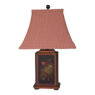 Vintage Wooden Table Lamp With Hand Painted Flowers and Striped Fabric Shade. For Sale