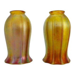 Pair of Antique Steuben Gold Aurene Tulip Shaped Art Glass Shades C1920 For Sale
